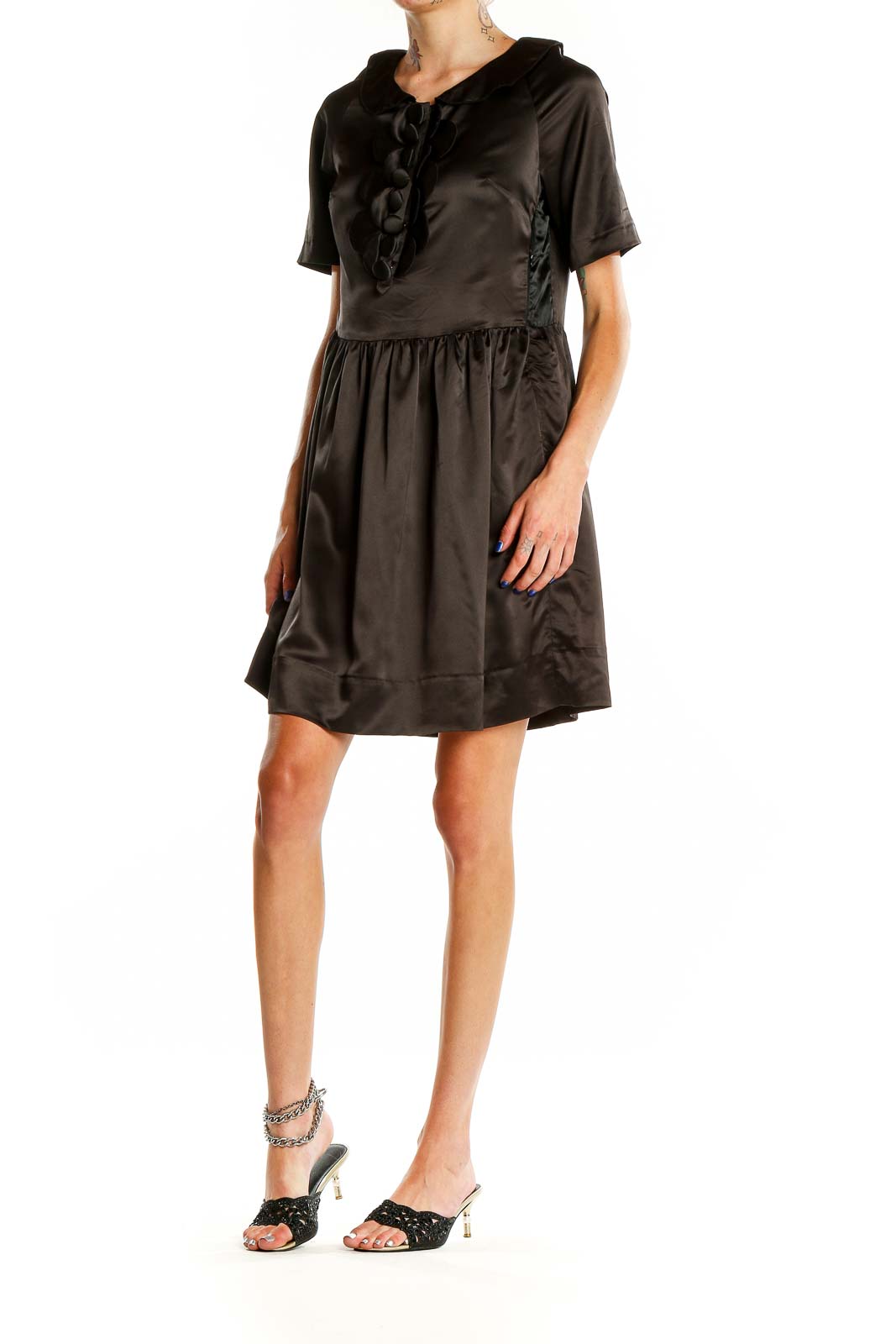 Front view of Marc By Marc Jacobs black satin dress with ruffle detail