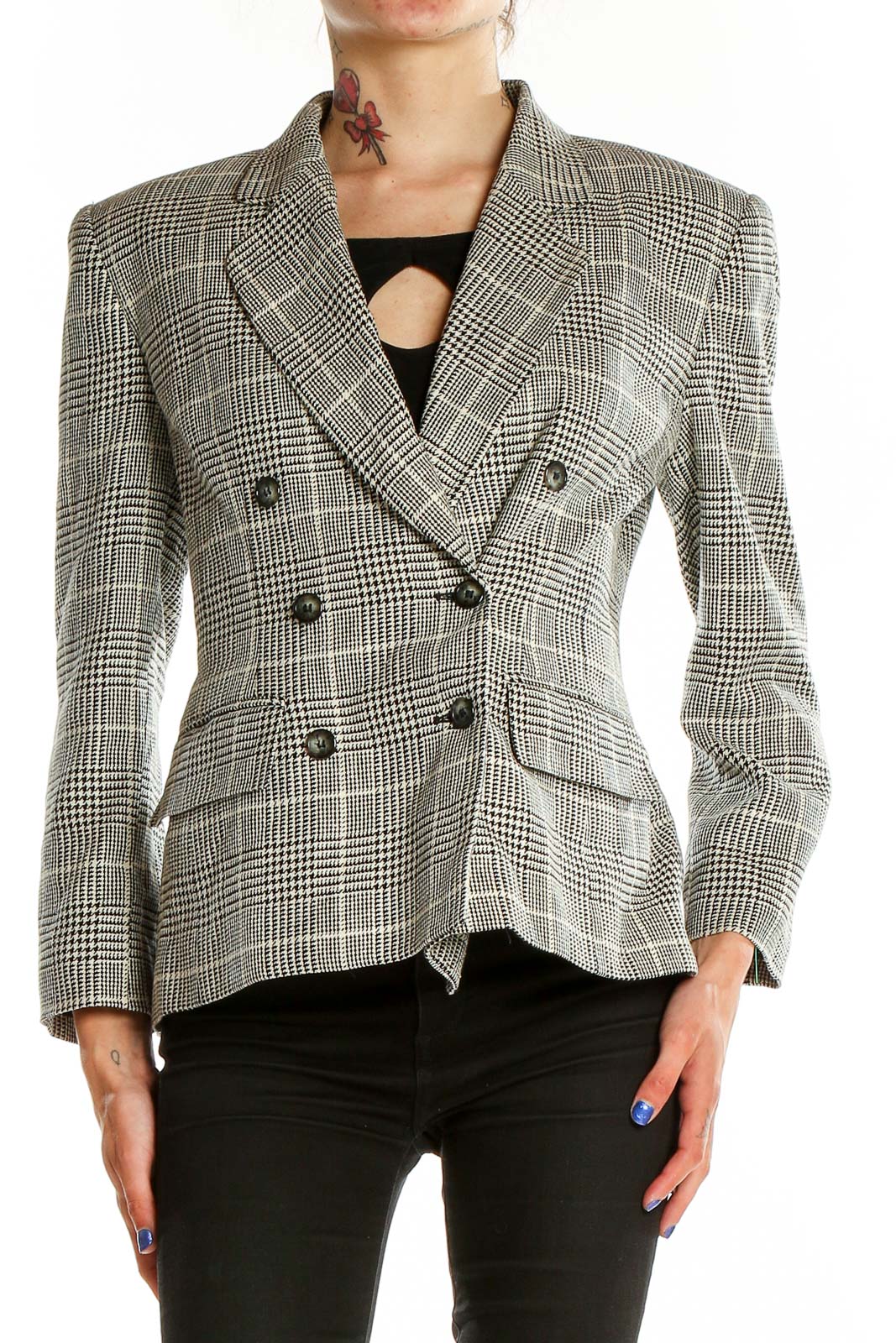 Front view of Jones New York gray plaid double-breasted blazer on model