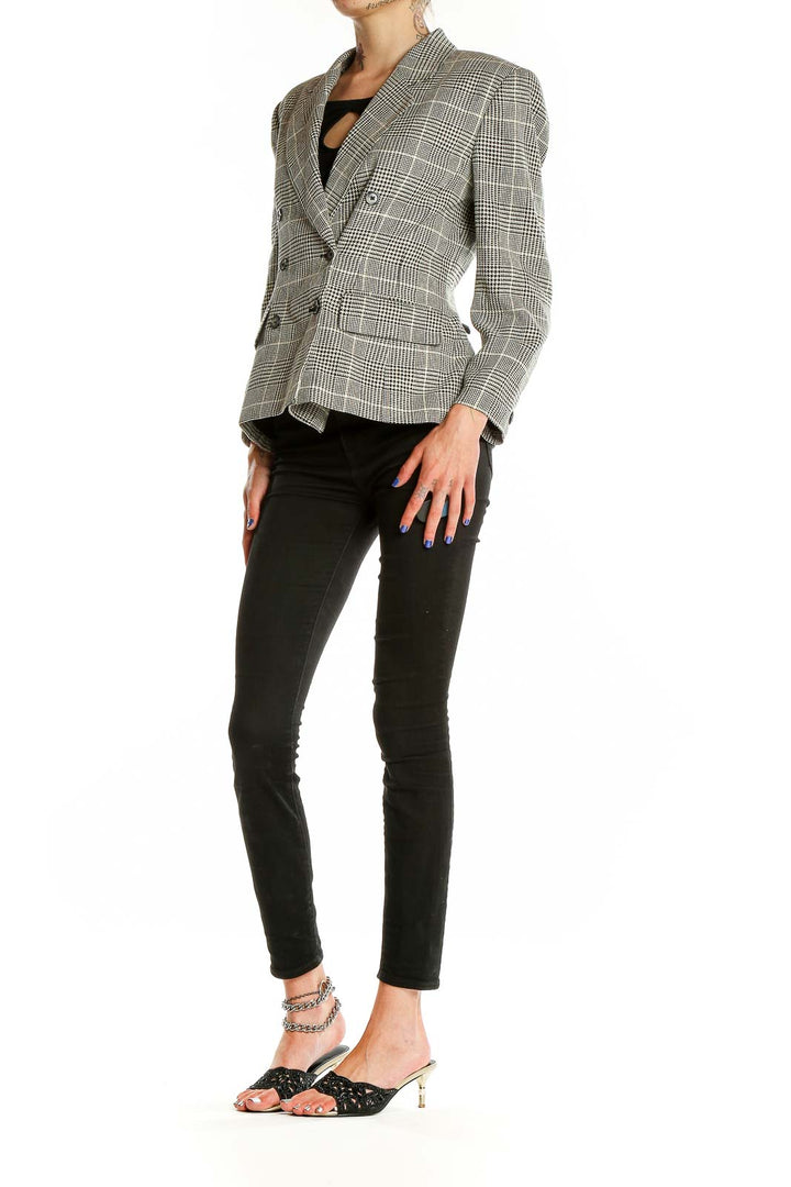 Front view of Jones New York gray plaid double-breasted blazer on model