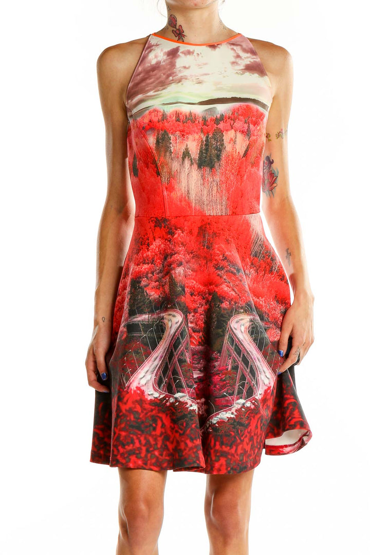 Front view of Ted Baker London red floral printed fit-and-flare dress with landscape design