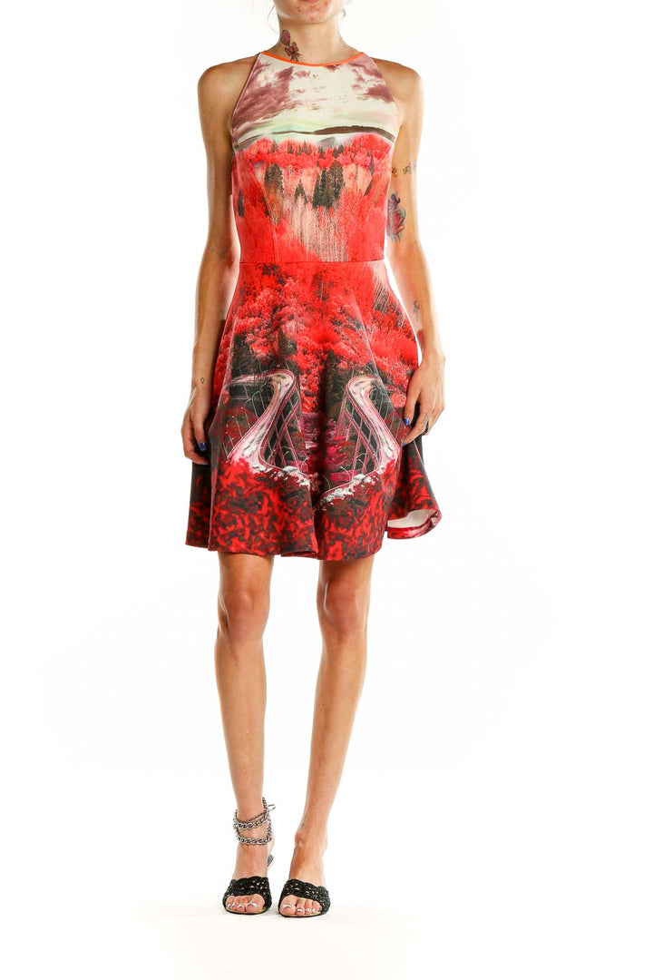 Front view of Ted Baker London red floral printed fit-and-flare dress with landscape design