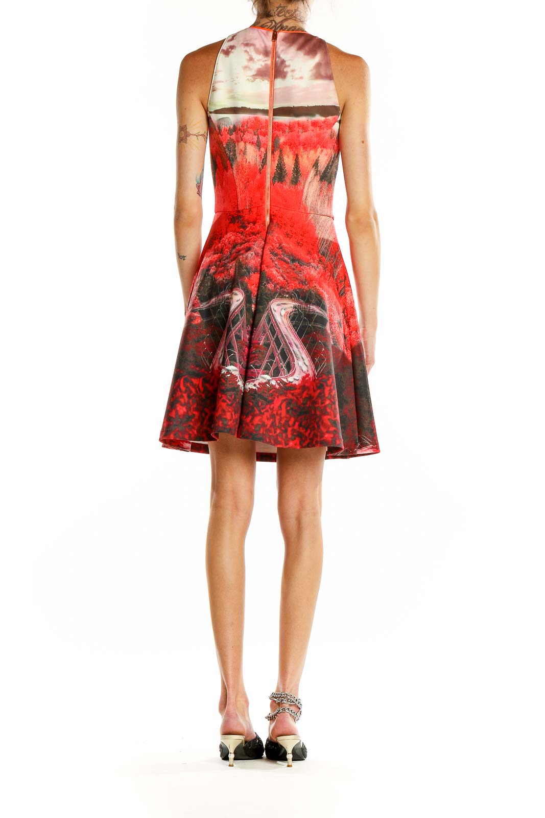 Back view of Ted Baker London red floral printed fit-and-flare dress showing zipper closure