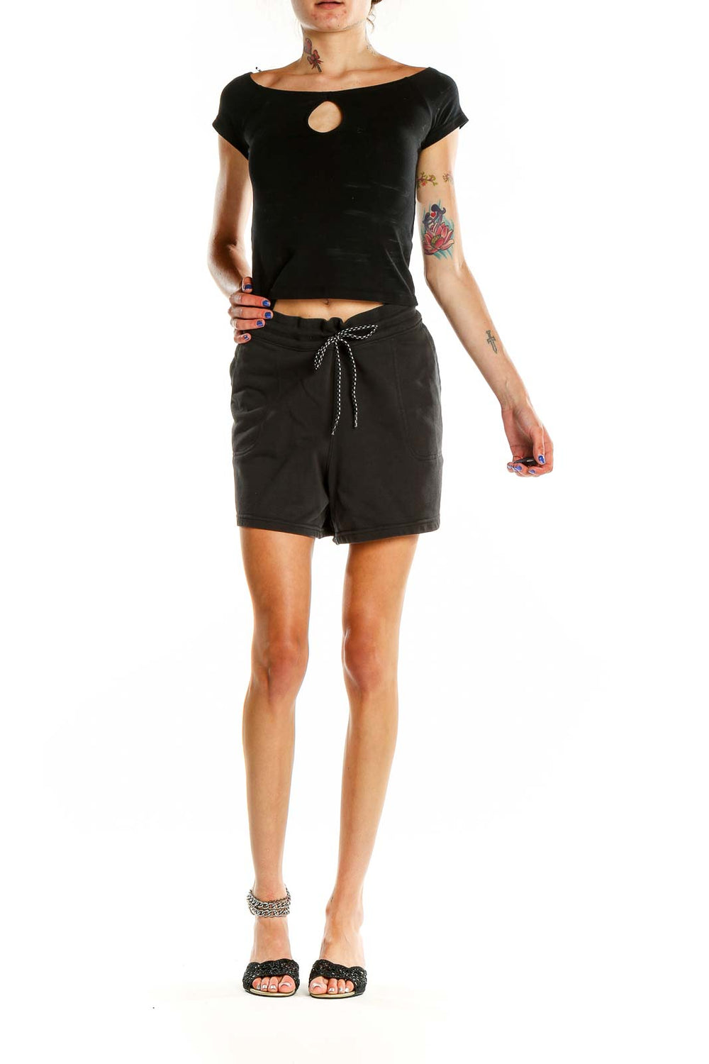 Front view of black Columbia drawstring shorts