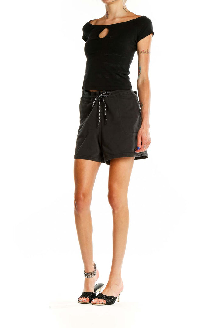 Front view of black Columbia drawstring shorts