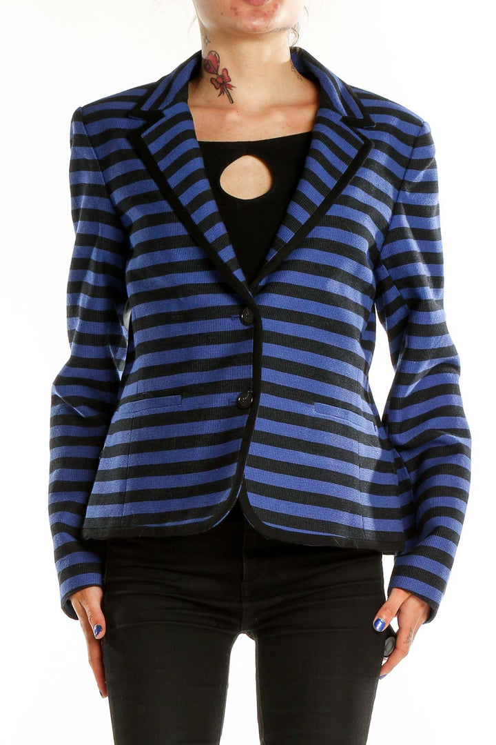 Front view of LOFT blue and black striped blazer