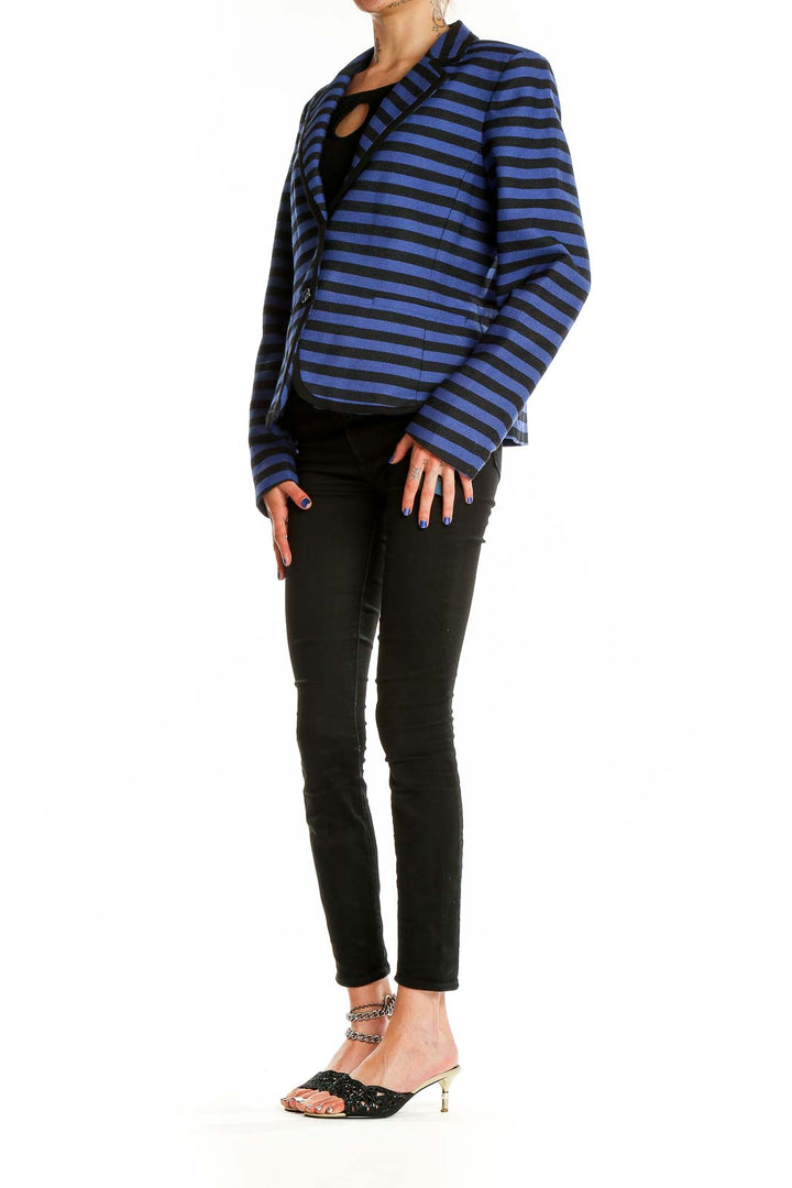 Front view of LOFT blue and black striped blazer