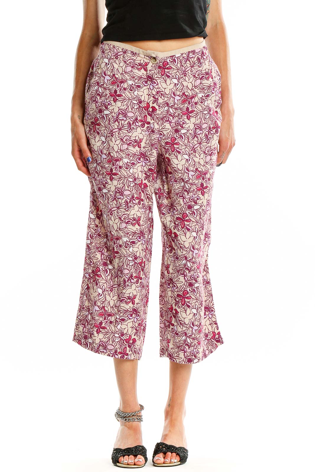 Front view of Valerie Stevens pink floral linen cropped wide-leg pants