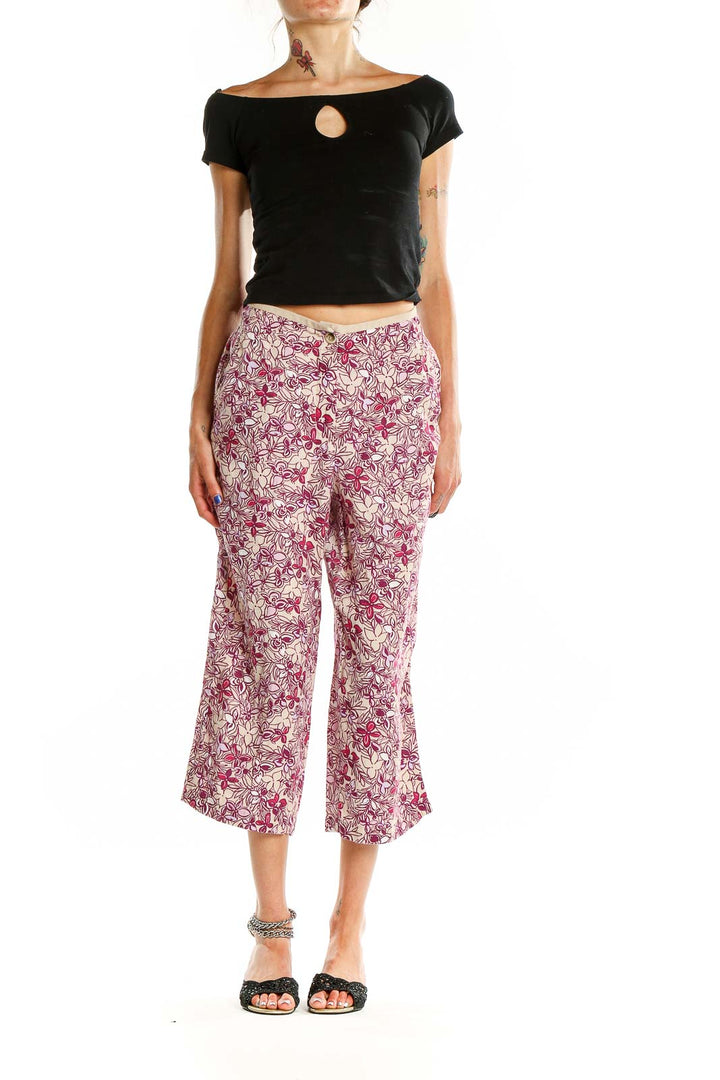 Front view of Valerie Stevens pink floral linen cropped wide-leg pants