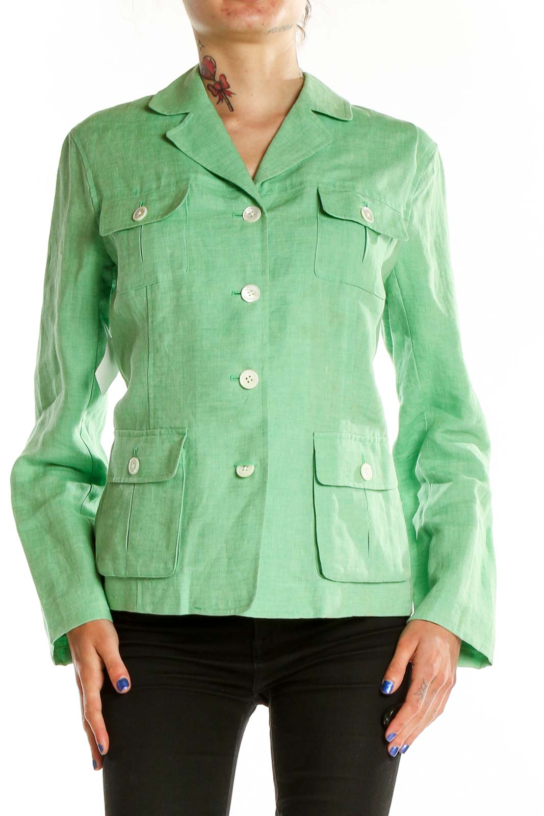 Front view of green linen button-up jacket from Lands' End