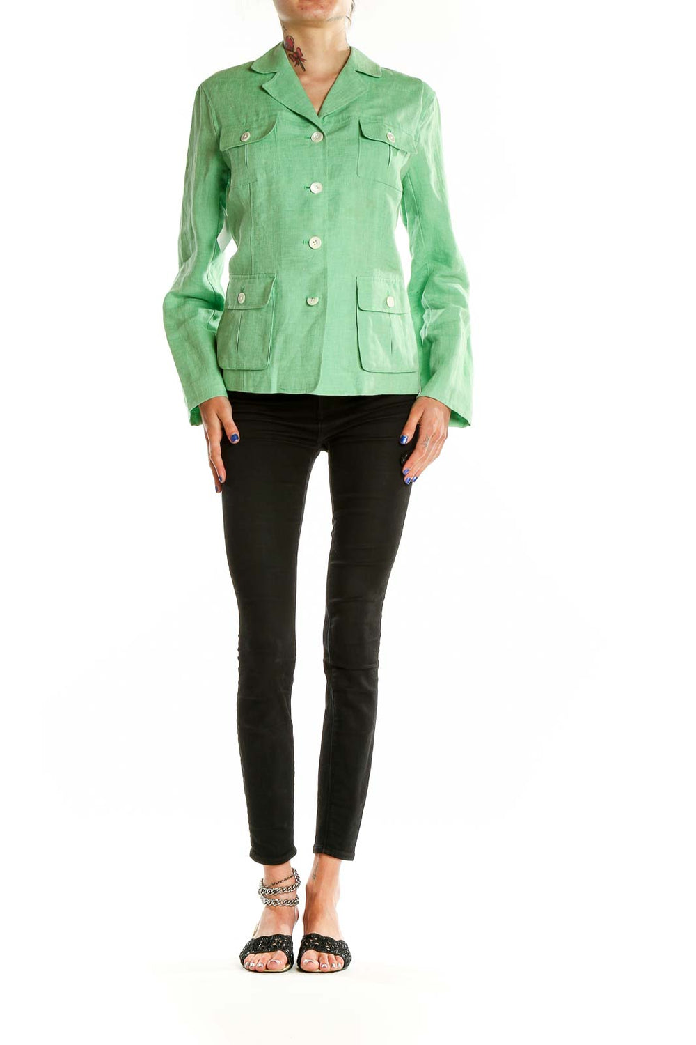 Front view of green linen button-up jacket from Lands' End