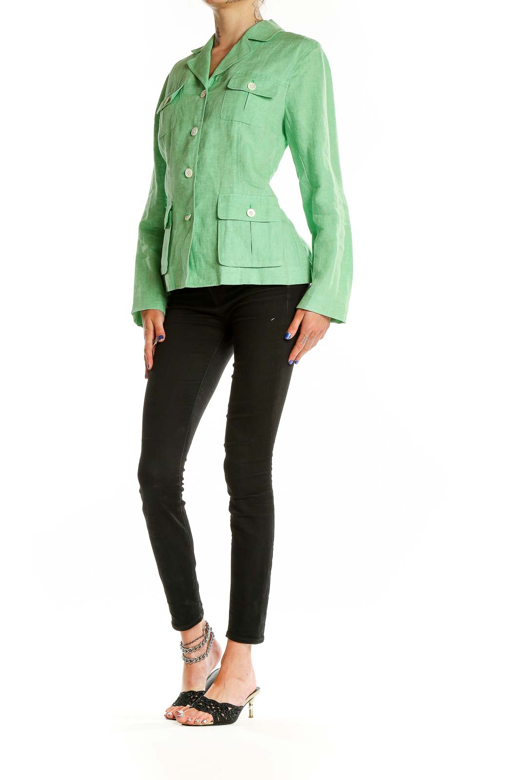 Front view of green linen button-up jacket from Lands' End