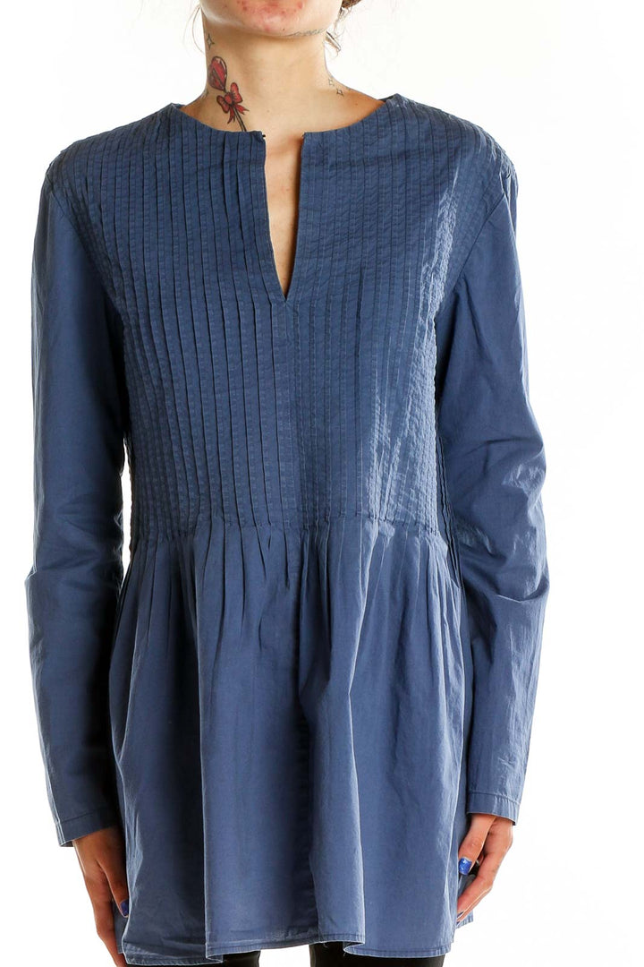 Front view of blue pleated long-sleeve tunic top by SilkRoll