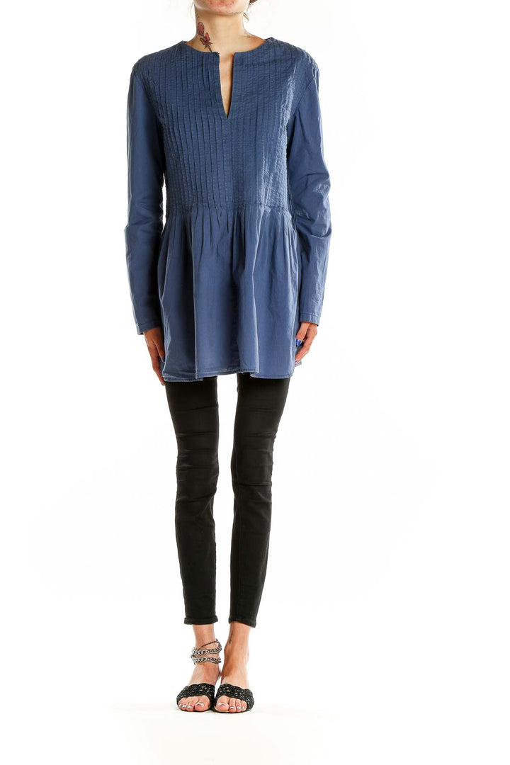 Front view of blue pleated long-sleeve tunic top by SilkRoll