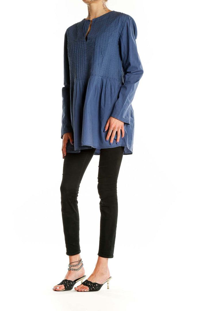 Front view of blue pleated long-sleeve tunic top by SilkRoll