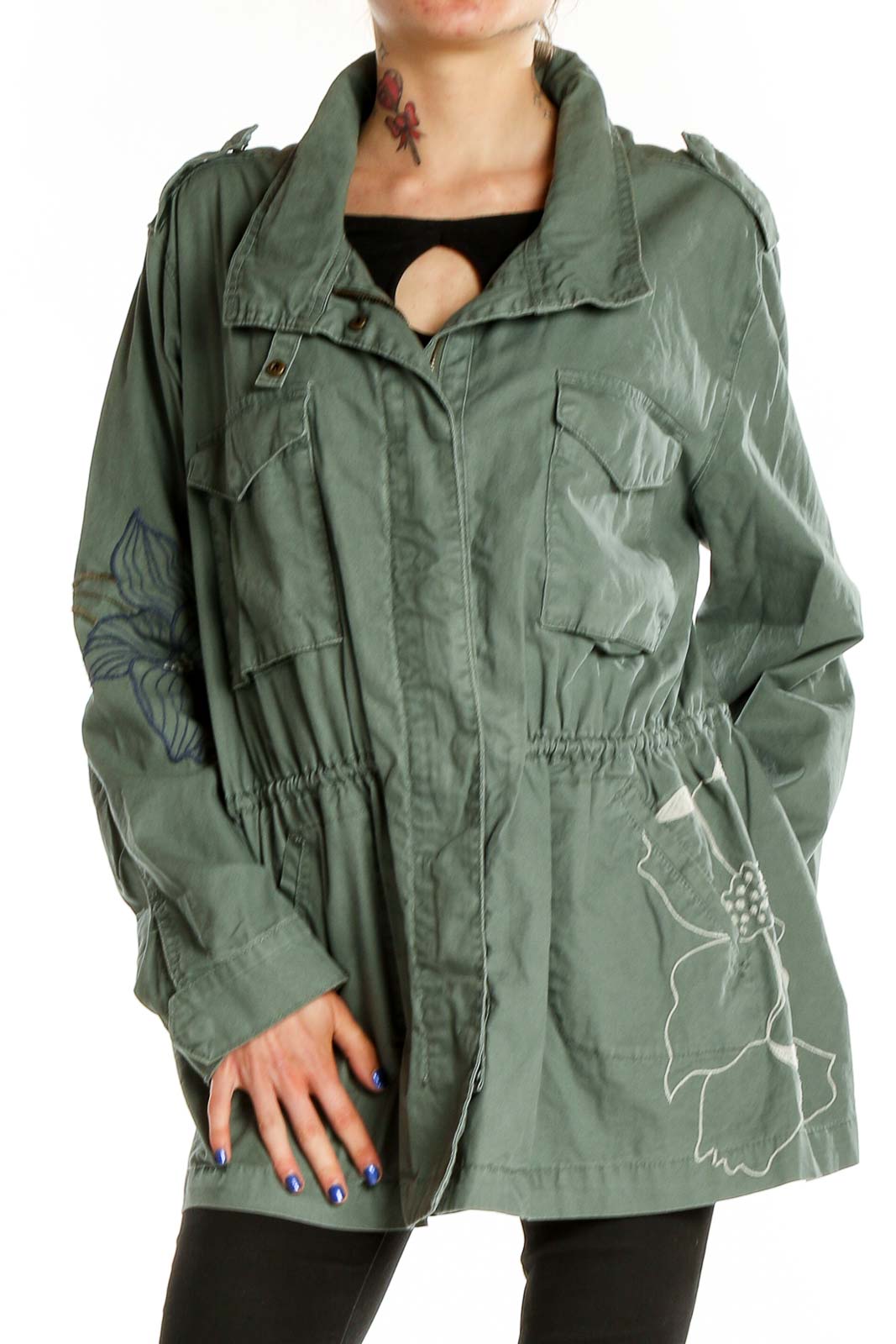 Front view of kensie olive green military jacket with floral embroidery