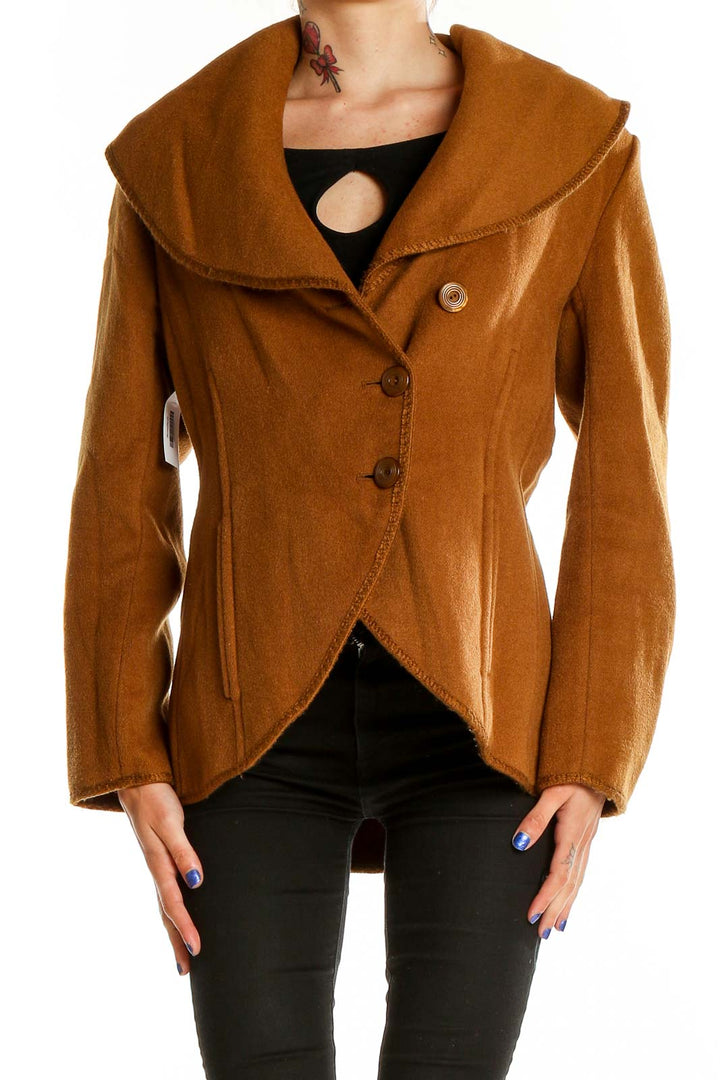 Front view of camel J.Jill asymmetrical button-front coat with oversized collar