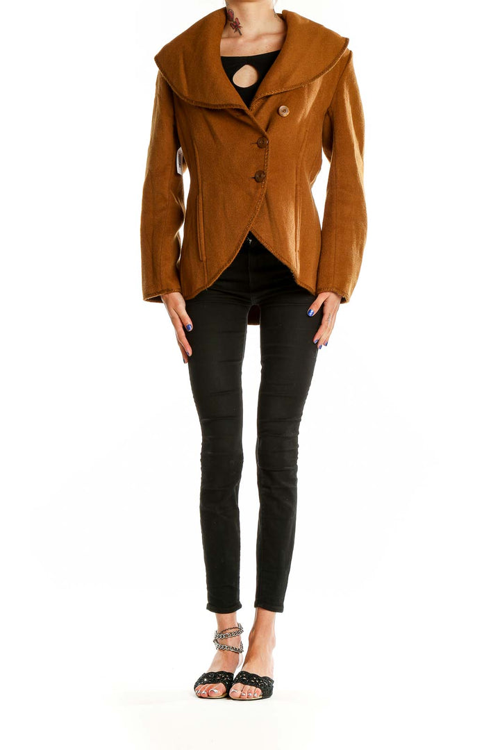 Front view of camel J.Jill asymmetrical button-front coat with oversized collar