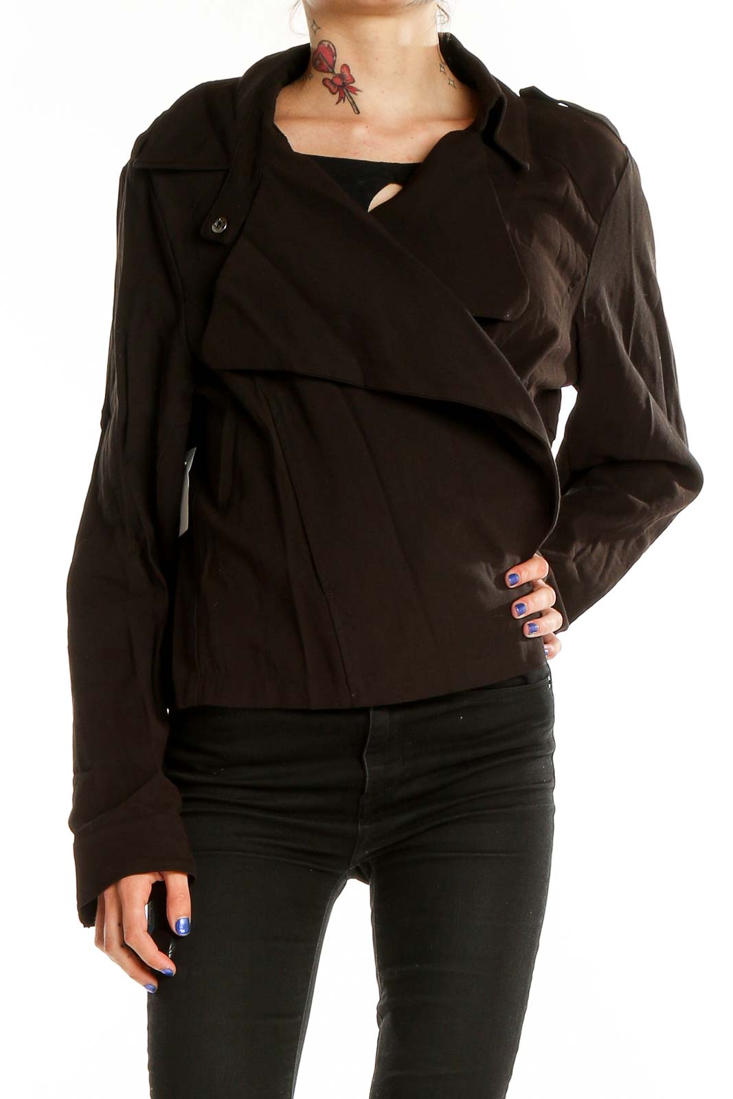 Front view of Simply Vera Vera Wang black asymmetrical zip-up jacket with draped collar