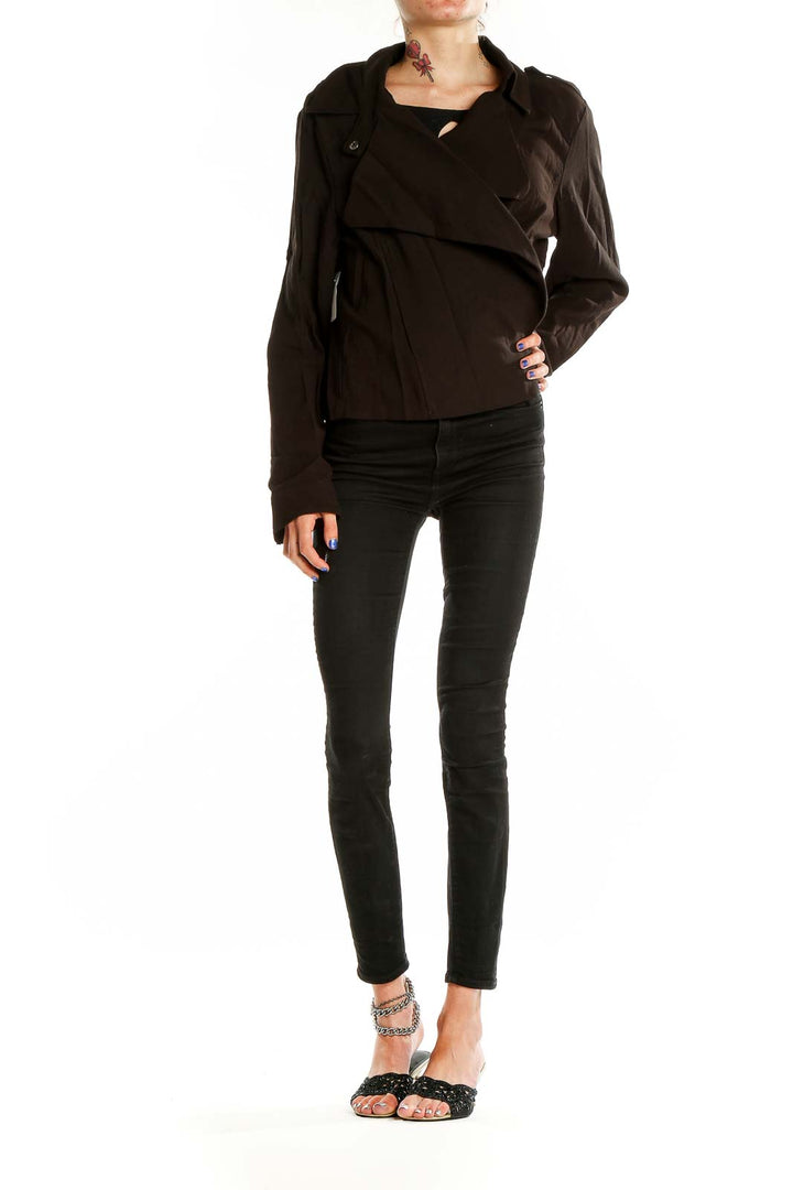 Front view of Simply Vera Vera Wang black asymmetrical zip-up jacket with draped collar