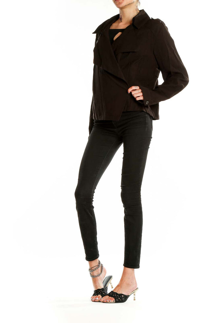 Front view of Simply Vera Vera Wang black asymmetrical zip-up jacket with draped collar