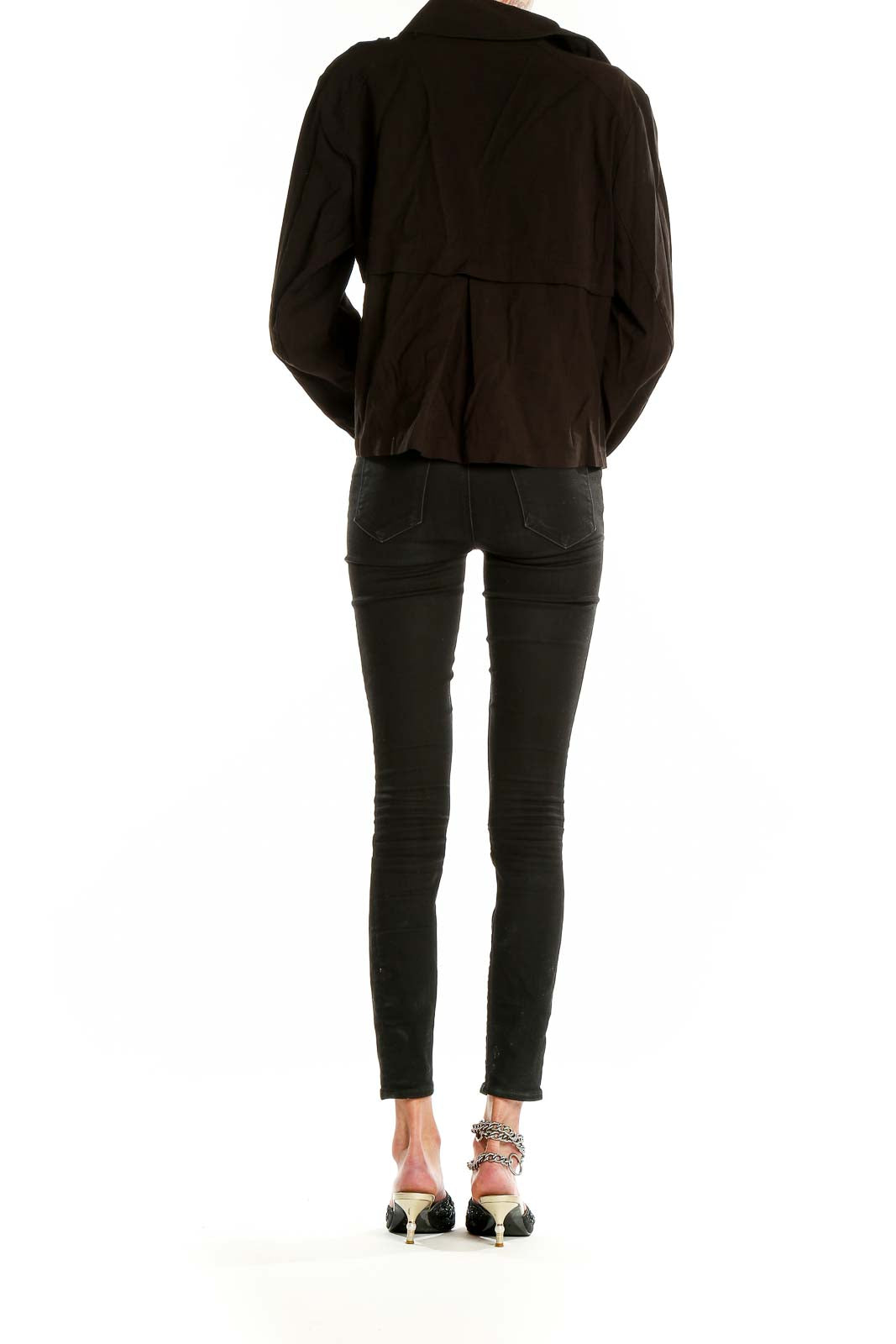 Back view of Simply Vera Vera Wang black asymmetrical zip-up jacket on model