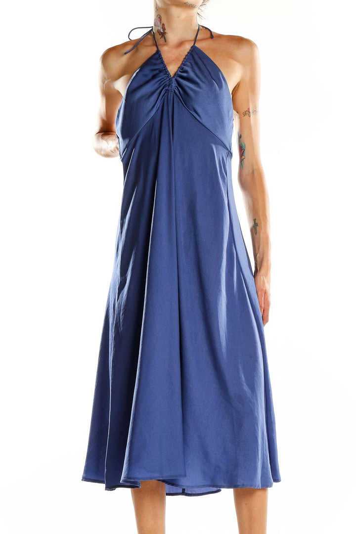 Front view of Banana Republic navy halter neck midi dress with A-line silhouette