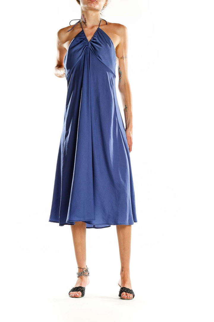 Front view of Banana Republic navy halter neck midi dress with A-line silhouette