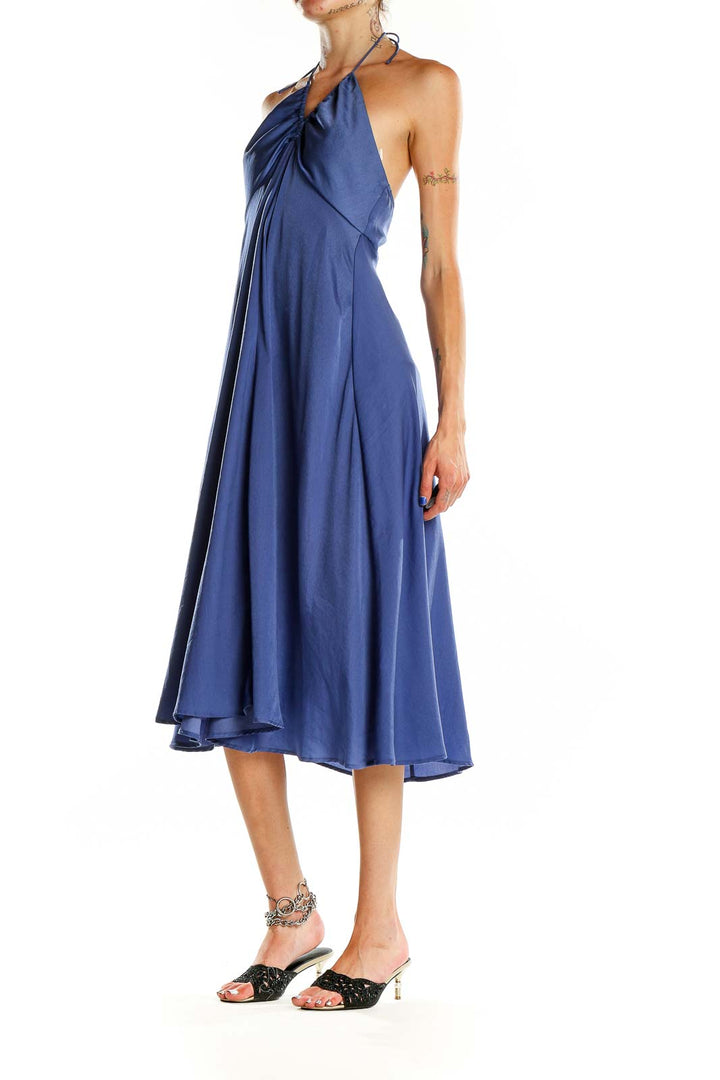 Front view of Banana Republic navy halter neck midi dress with A-line silhouette