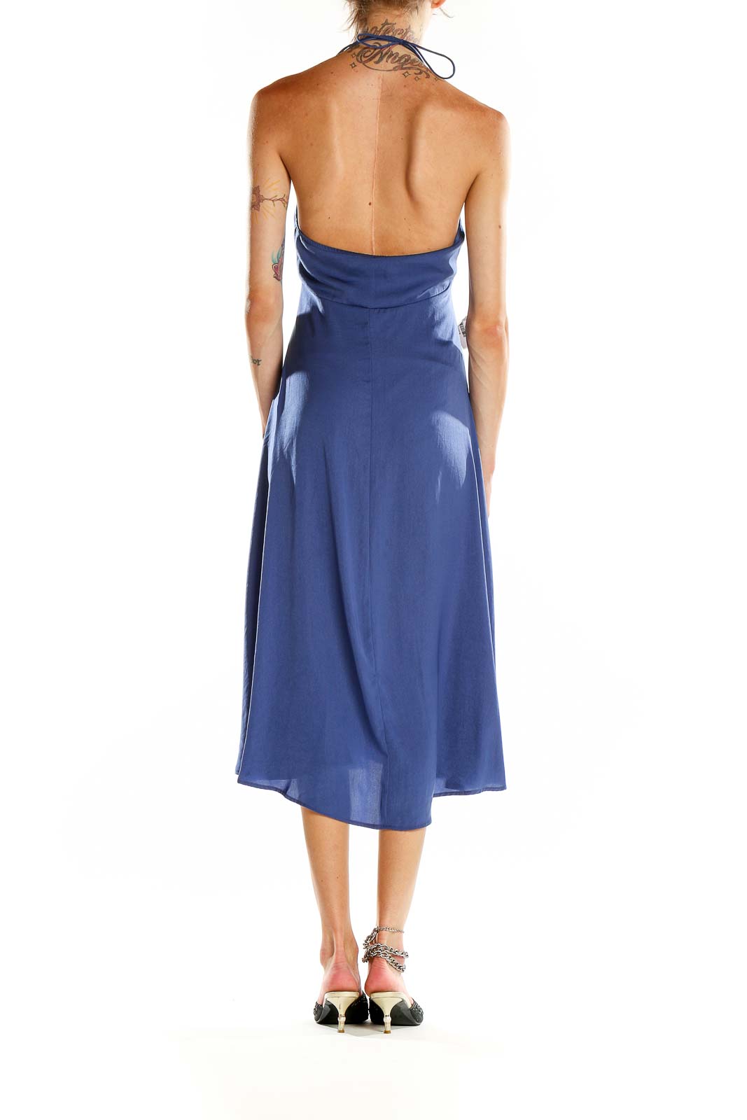 Back view of Banana Republic navy halter neck midi dress showing open back design