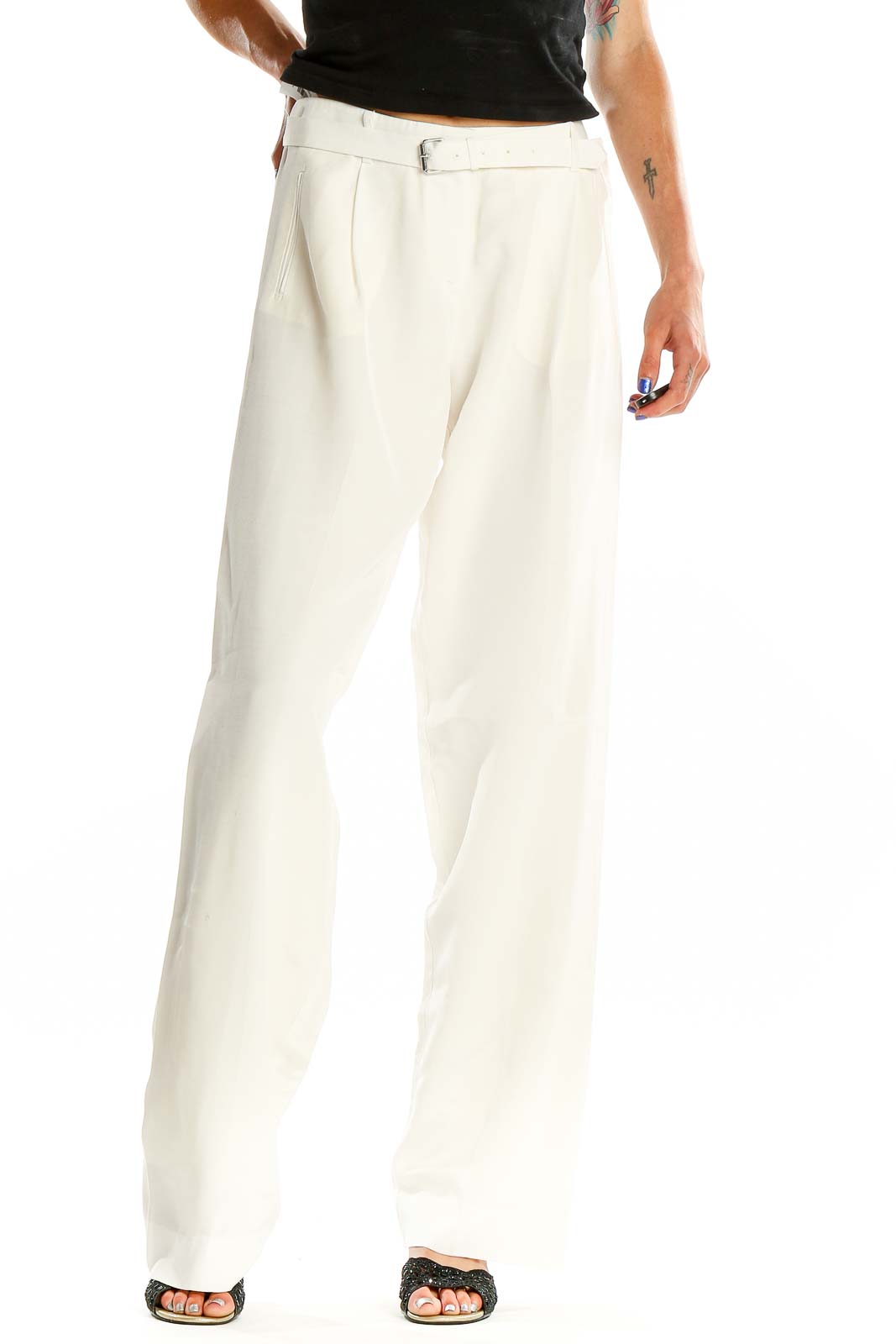 Front view of ATM white wide-leg pleated trousers with belt