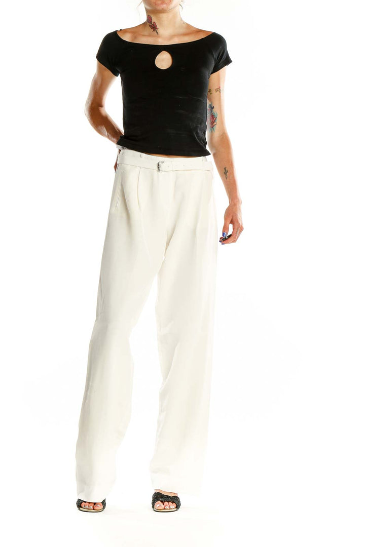 Front view of ATM white wide-leg pleated trousers with belt