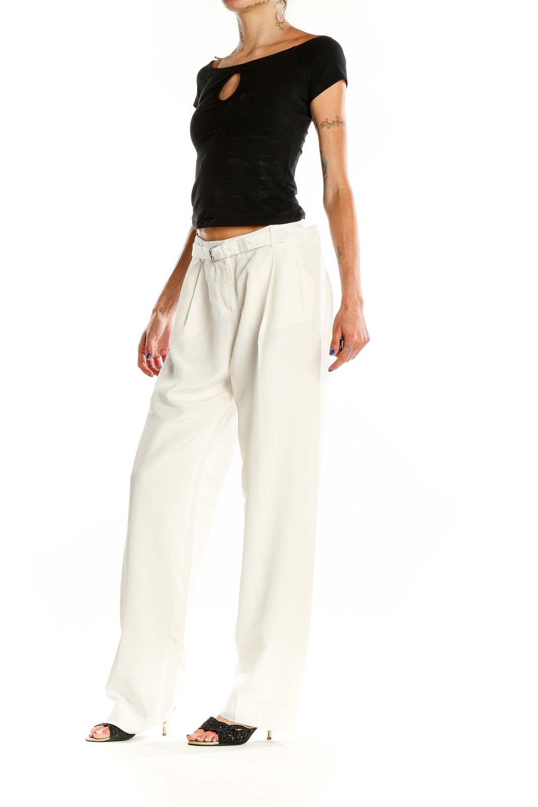 Front view of ATM white wide-leg pleated trousers with belt