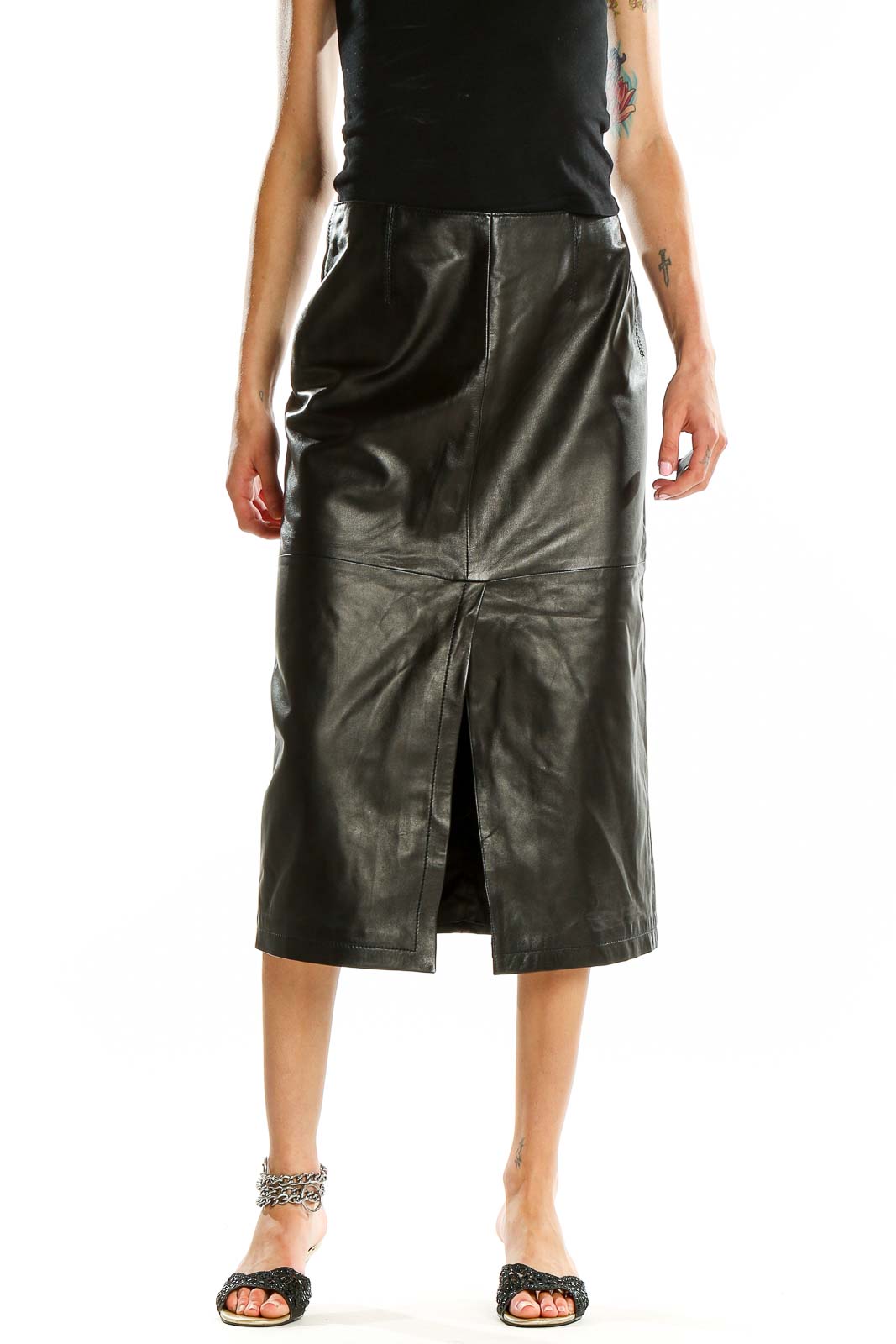 Front view of Armani Collezioni black leather midi skirt with front slit