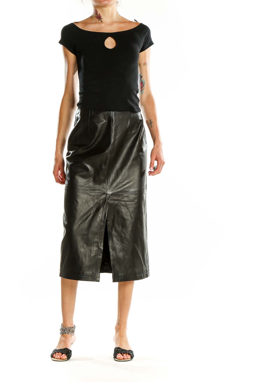 Front view of Armani Collezioni black leather midi skirt with front slit