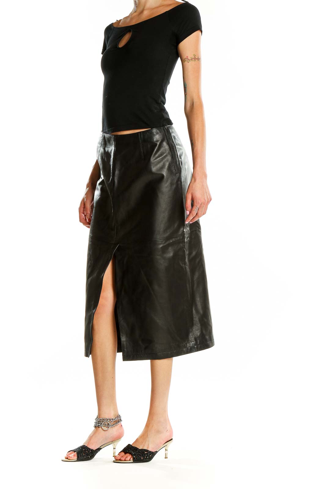 Front view of Armani Collezioni black leather midi skirt with front slit