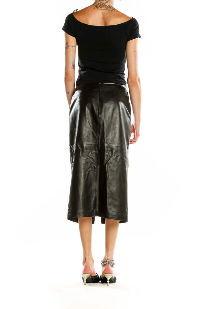 Back view of Armani Collezioni black leather midi skirt