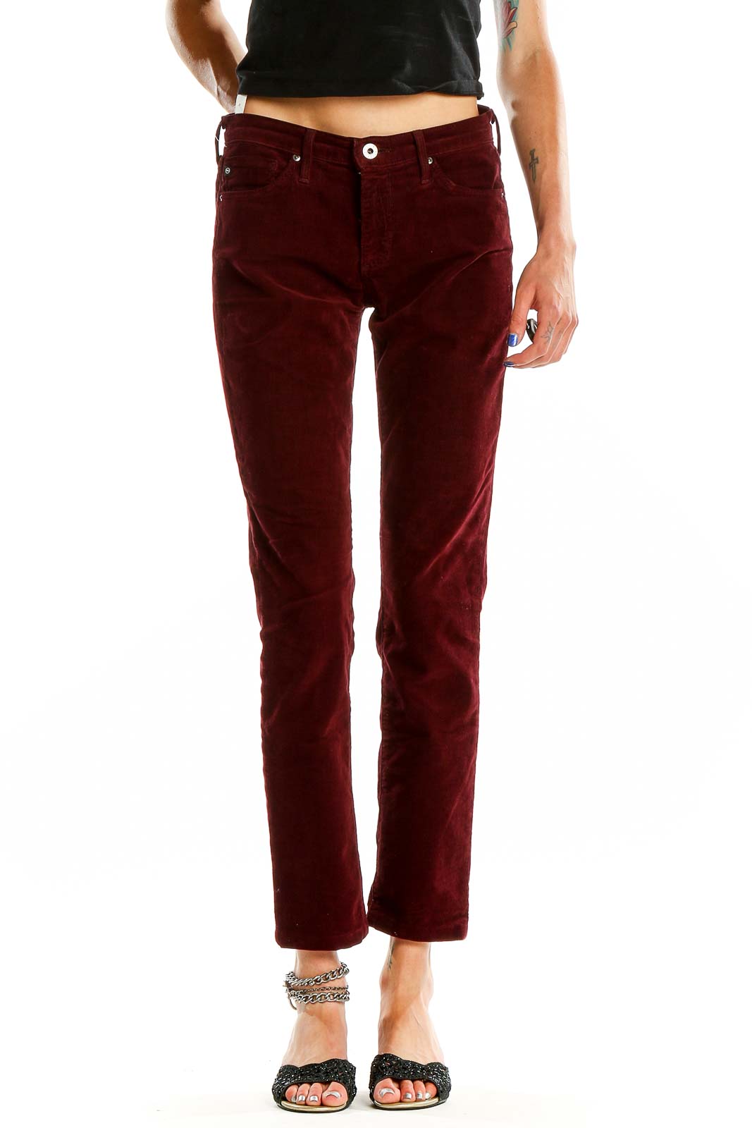 Front view of Adriano Goldschmied burgundy corduroy straight leg pants