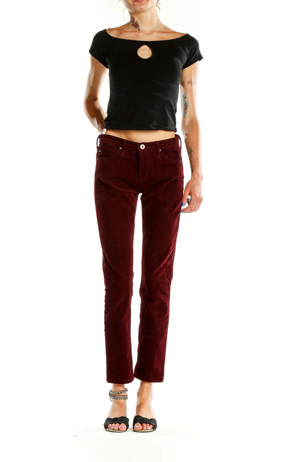 Front view of Adriano Goldschmied burgundy corduroy straight leg pants