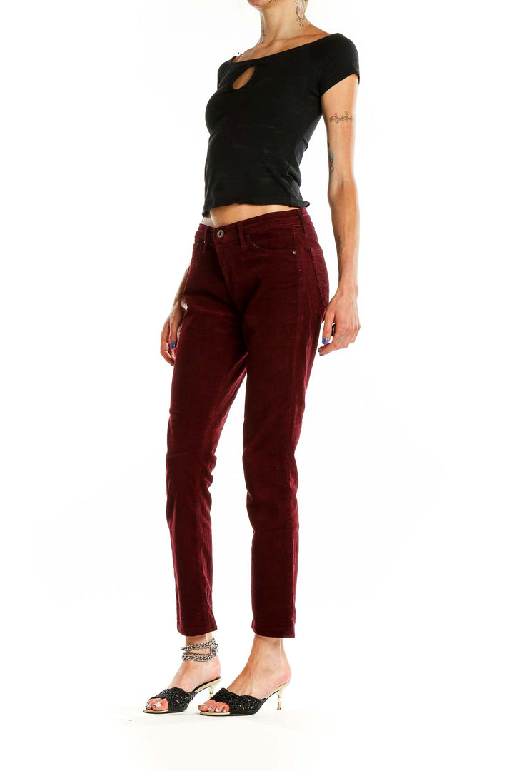 Front view of Adriano Goldschmied burgundy corduroy straight leg pants