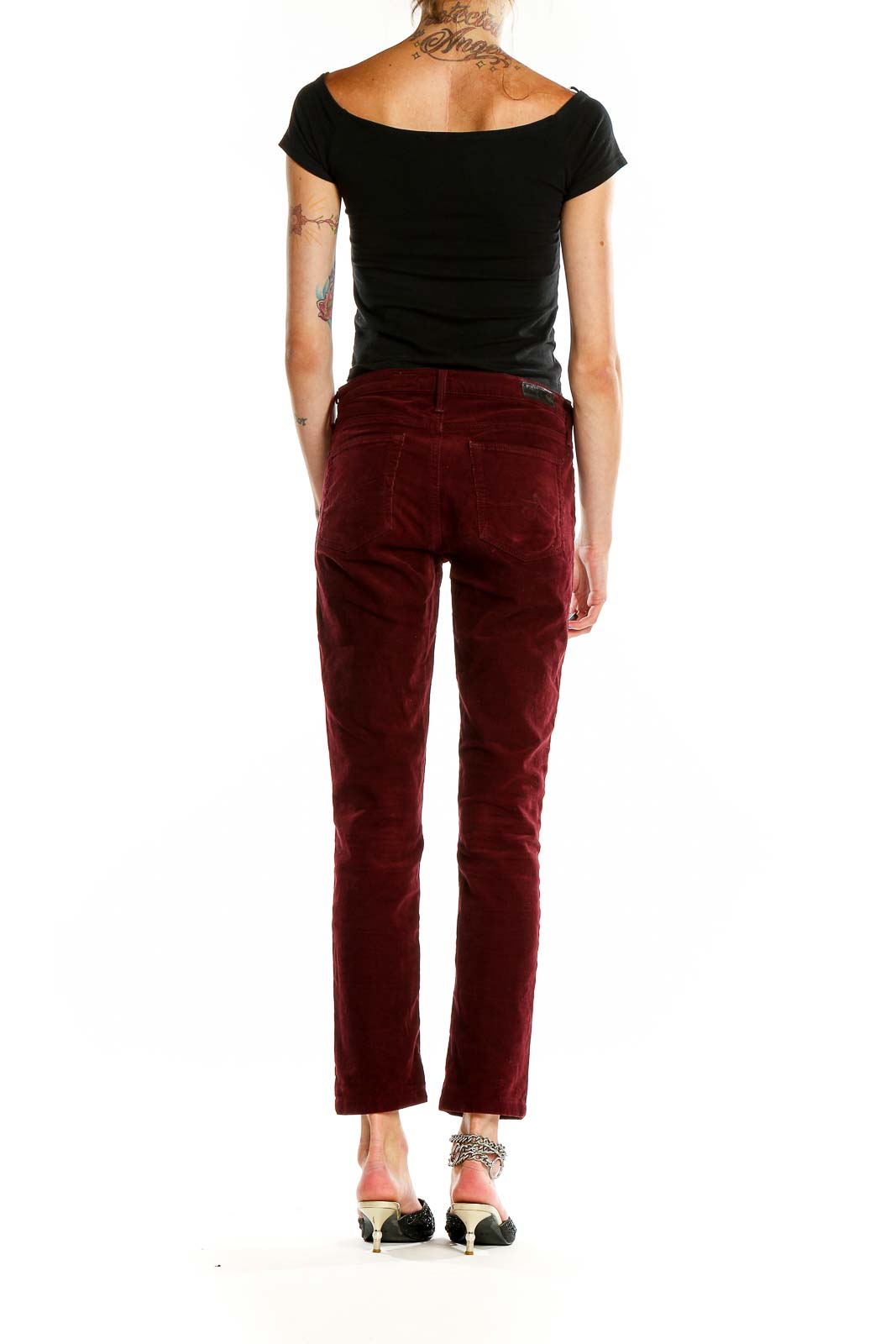 Back view of Adriano Goldschmied burgundy corduroy straight leg pants