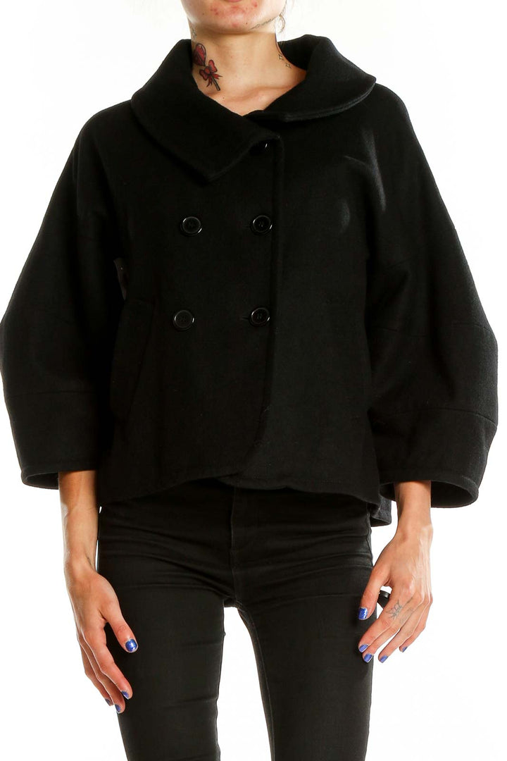 Front view of black double-breasted cropped jacket by Tex by MaxAzria