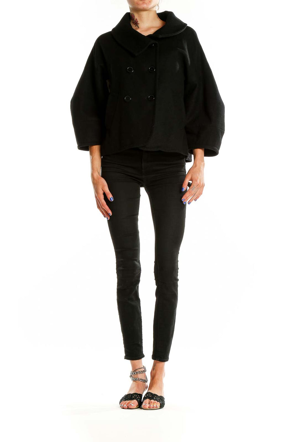 Front view of black double-breasted cropped jacket by Tex by MaxAzria