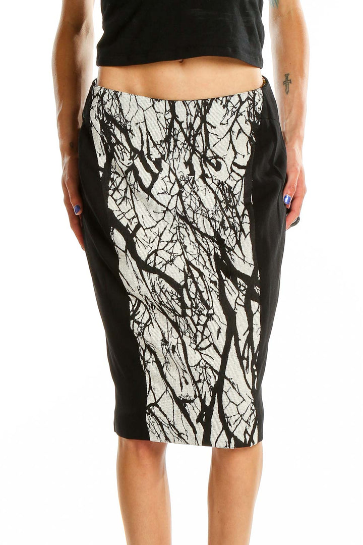 Front view of Rachel Roy black and white patterned pencil skirt