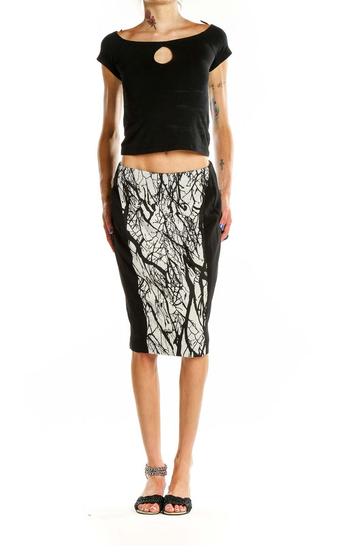 Front view of Rachel Roy black and white patterned pencil skirt