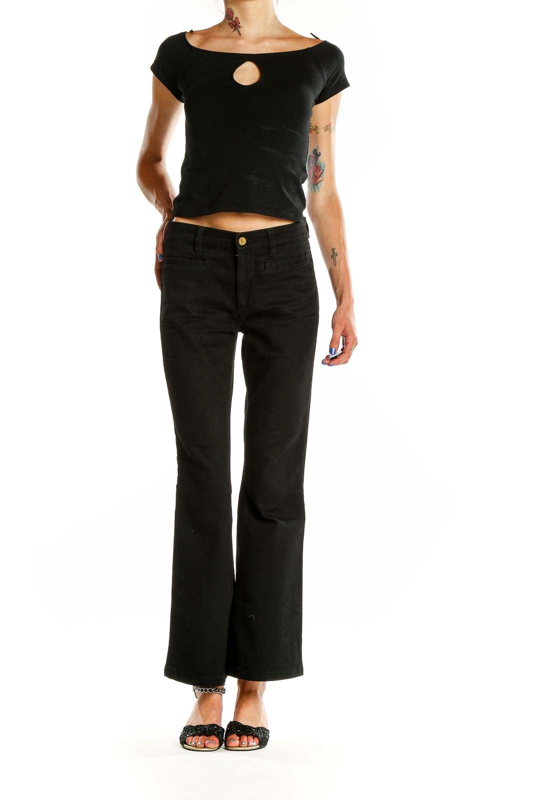 Front view of MiH Jeans black flared denim jeans on model