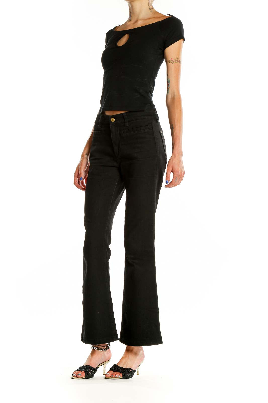 Front view of MiH Jeans black flared denim jeans on model