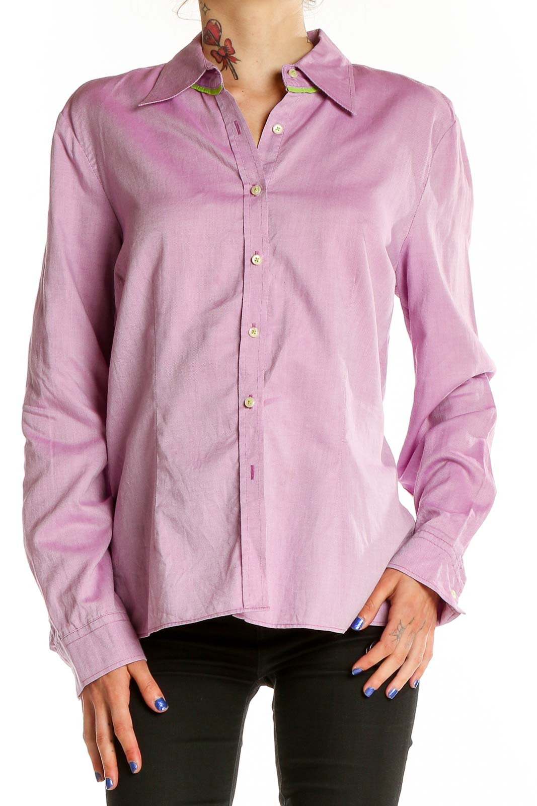 Front view of pink Tommy Hilfiger button-down shirt on model