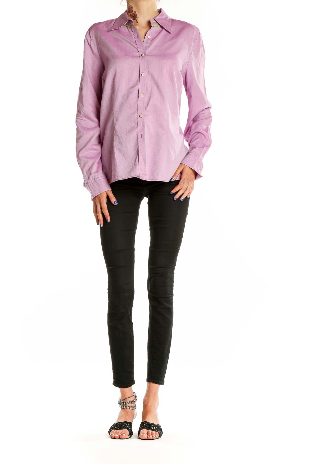 Front view of pink Tommy Hilfiger button-down shirt on model