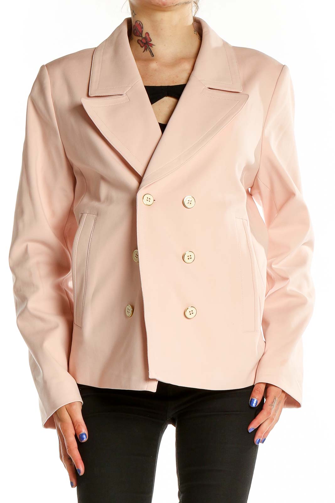 Front view of Tommy Hilfiger blush double-breasted peacoat