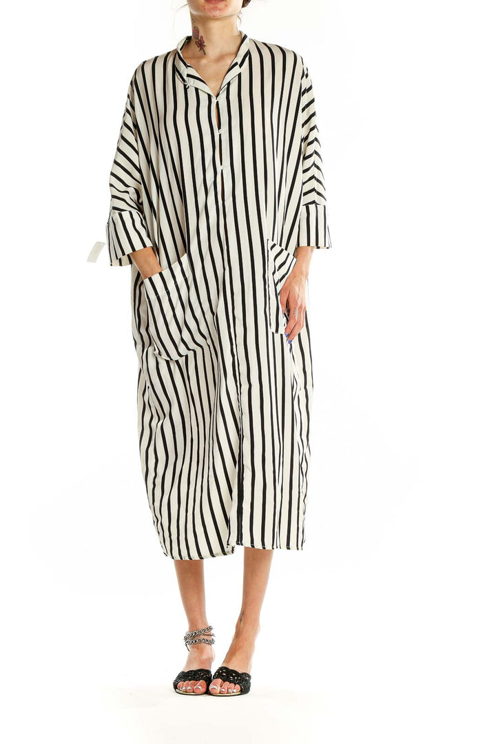 Front view of MNG suit Black and White Striped Midi Shirt Dress